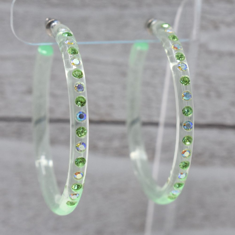 2" Slim Clear AB/Green Stones Lucite Hoop Earrings